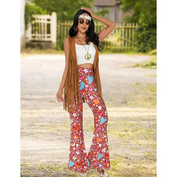Women’s 60s 70s Disco Hippie Costume Set Fringe Vest Boho Pants Accessories - Picture 4 of 6